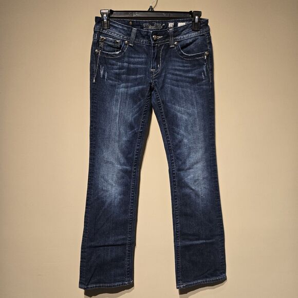 Miss Me Size 29 Bootcut Dark Wash Low Rise Rhinestone Angel Wing Back Pockets - Picture 2 of 6